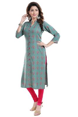 Treasure Trove Teal and Pink Rayon Cotton Printed Kurti for Women 1