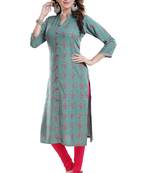 Treasure Trove Teal and Pink Rayon Cotton Printed Kurti for Women
