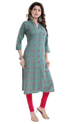 Treasure Trove Teal and Pink Rayon Cotton Printed Kurti for Women 2