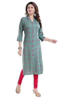 Treasure Trove Teal and Pink Rayon Cotton Printed Kurti for Women 3