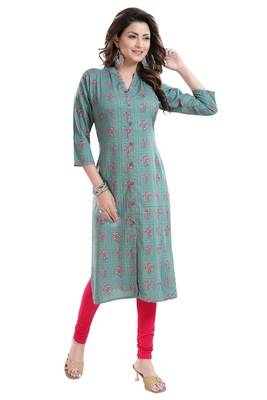 Treasure Trove Teal and Pink Rayon Cotton Printed Kurti for Women 4
