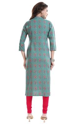 Treasure Trove Teal and Pink Rayon Cotton Printed Kurti for Women 5