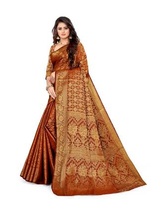 brown Kanjeevaram Silk  saree with blouse piece 1