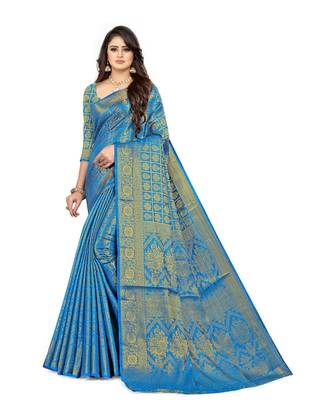 aqua blue Kanjeevaram Silk  saree with blouse piece 1