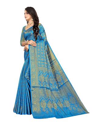 aqua blue Kanjeevaram Silk  saree with blouse piece 2