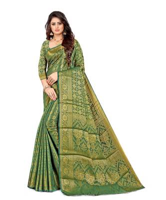 green Kanjeevaram Silk  saree with blouse piece 1
