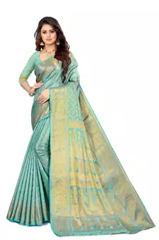 aqua blue Kanjeevaram Silk  saree with blouse piece