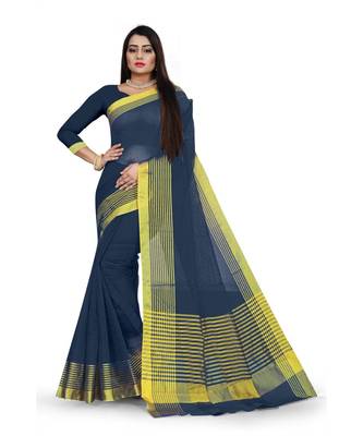 navy blue Cotton Doriya saree with blouse piece 1