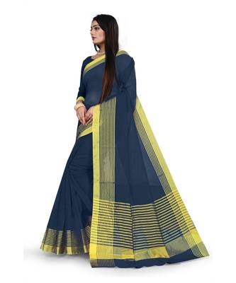 navy blue Cotton Doriya saree with blouse piece 2
