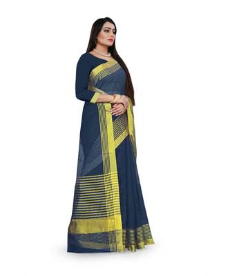 navy blue Cotton Doriya saree with blouse piece 4