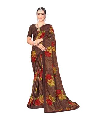 Brown Color Designer Printed Chiffon Silk Saree For Daily Wear With Unstitched Blouse 1