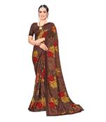 Brown Color Designer Printed Chiffon Silk Saree For Daily Wear With Unstitched Blouse