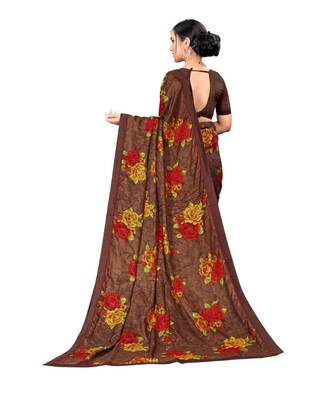 Brown Color Designer Printed Chiffon Silk Saree For Daily Wear With Unstitched Blouse 2