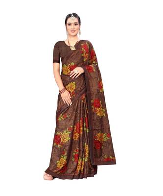 Brown Color Designer Printed Chiffon Silk Saree For Daily Wear With Unstitched Blouse 4