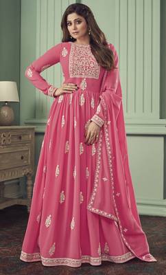 Light PinkEmbroidery  Stone & Lace WorkReal GeorgetteSemi Stitched SuitsDesignerpantsilk salwar suit 1