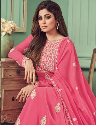 Light PinkEmbroidery  Stone & Lace WorkReal GeorgetteSemi Stitched SuitsDesignerpantsilk salwar suit 2