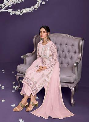 pinkDesigner Thread Jari Sequance Embroidery WorkGeorgettesemi stitchedDesignerpantparty wear salwarsuit 1