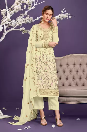 YellowDesigner Thread Jari Sequance Embroidery WorkGeorgettesemi stitchedDesignerpantparty wear salwarsuit