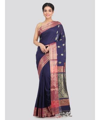 PinkLoom Women's blue hand woven cotton sarees With Blouse 1