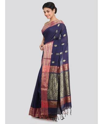 PinkLoom Women's blue hand woven cotton sarees With Blouse 2