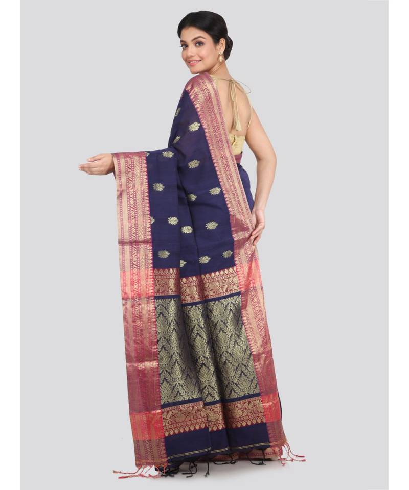 PinkLoom Women's blue hand woven cotton sarees With Blouse