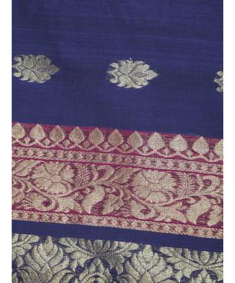 PinkLoom Women's blue hand woven cotton sarees With Blouse 4