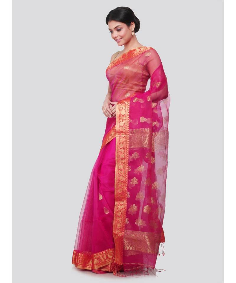 PinkLoom Women's pink hand woven silk sarees With Blouse