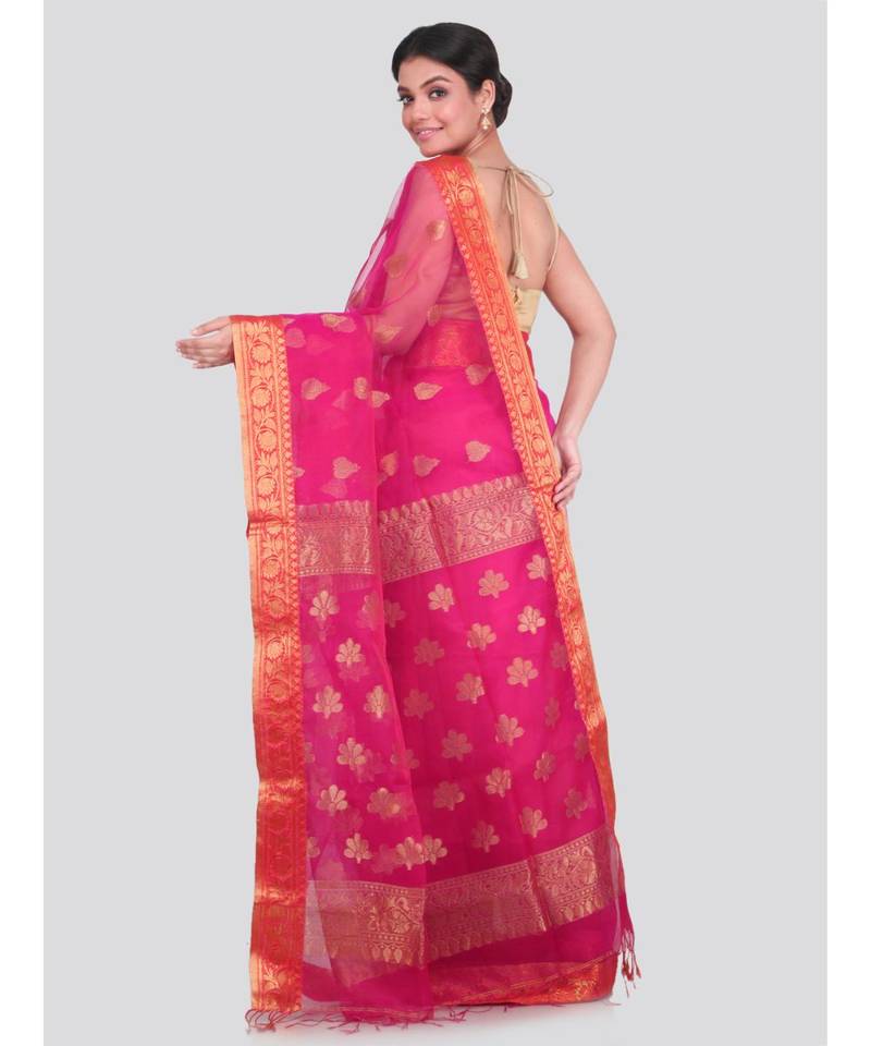 PinkLoom Women's pink hand woven silk sarees With Blouse