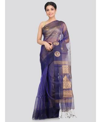 PinkLoom Women's blue hand woven silk sarees With Blouse 1
