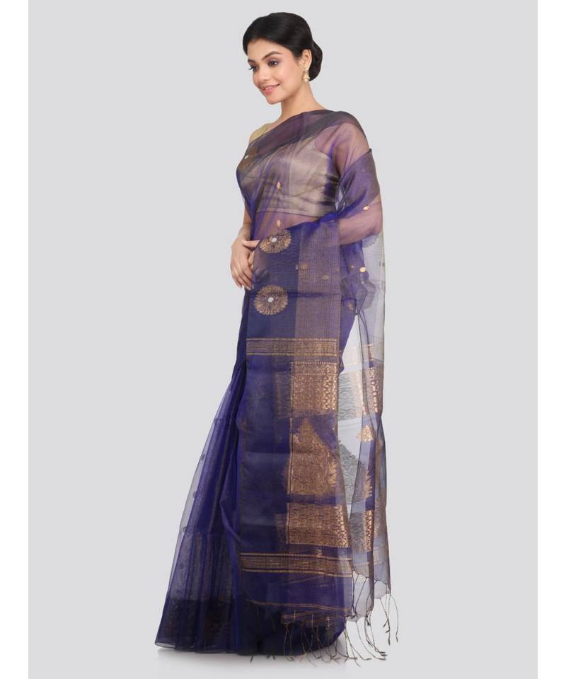 PinkLoom Women's blue hand woven silk sarees With Blouse