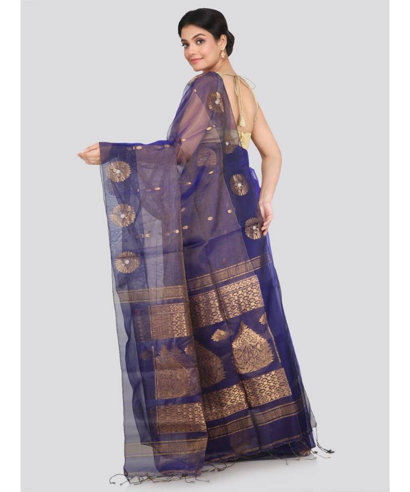 PinkLoom Women's blue hand woven silk sarees With Blouse