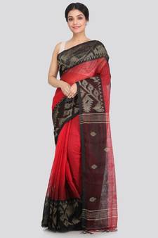 PinkLoom Women's maroon hand woven linen saree With Blouse