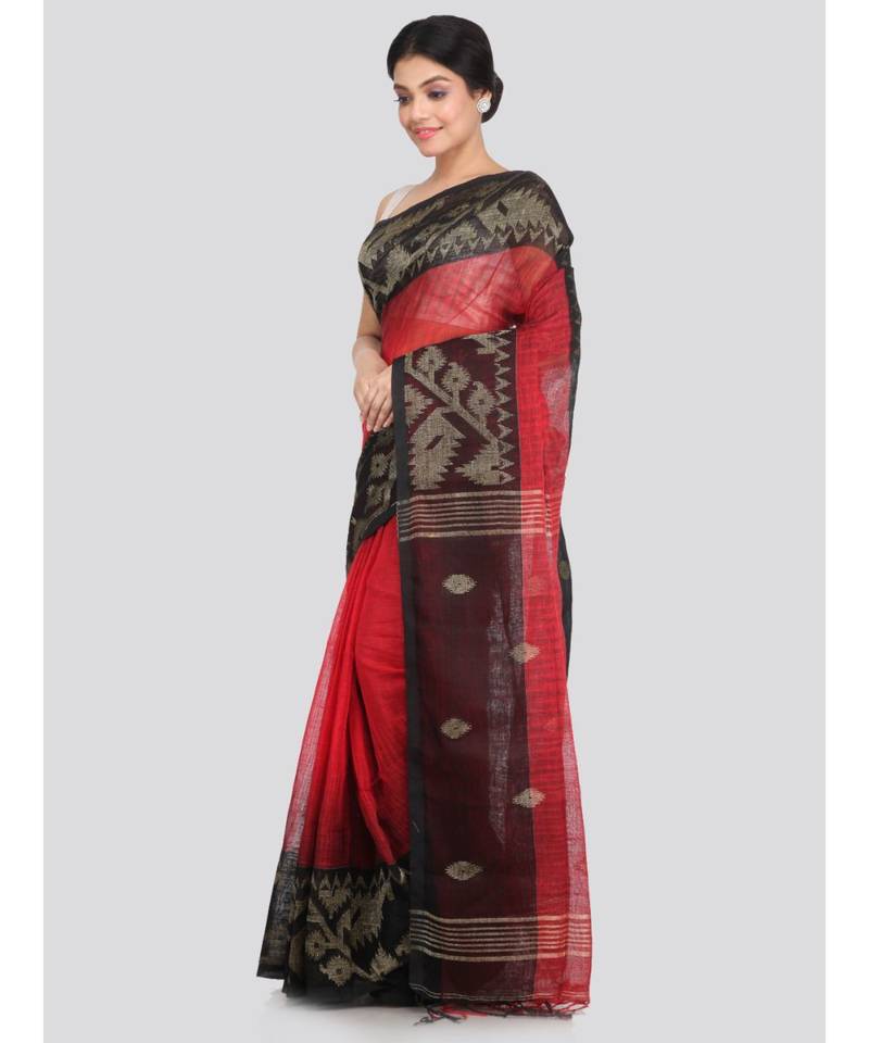 PinkLoom Women's maroon hand woven linen saree With Blouse