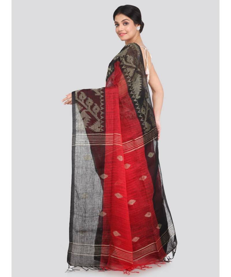 PinkLoom Women's maroon hand woven linen saree With Blouse