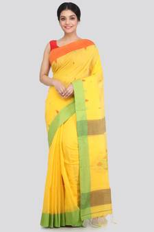 PinkLoom Women's yellow hand woven cotton silk sarees With Blouse