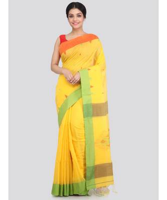 PinkLoom Women's yellow hand woven cotton silk sarees With Blouse 1