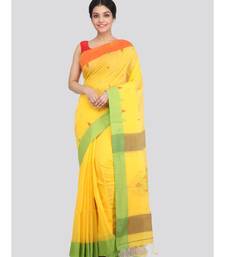 PinkLoom Women's yellow hand woven cotton silk sarees With Blouse