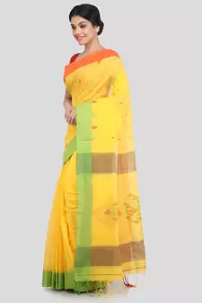 PinkLoom Women's yellow hand woven cotton silk sarees With Blouse