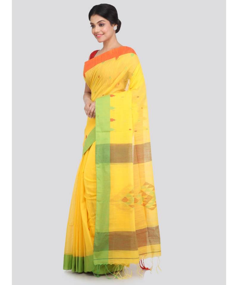 PinkLoom Women's yellow hand woven cotton silk sarees With Blouse