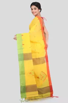 PinkLoom Women's yellow hand woven cotton silk sarees With Blouse