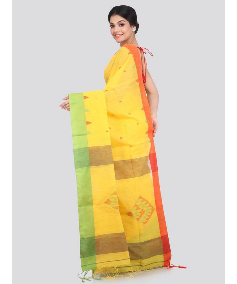PinkLoom Women's yellow hand woven cotton silk sarees With Blouse