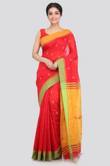 PinkLoom Women's red hand woven cotton silk sarees With Blouse