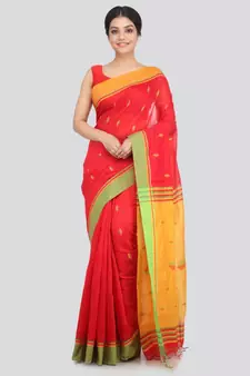 PinkLoom Women's red hand woven cotton silk sarees With Blouse