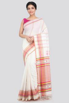 PinkLoom Women's white hand woven cotton sarees With Blouse