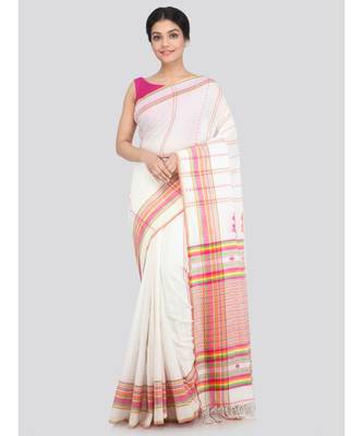 PinkLoom Women's white hand woven cotton sarees With Blouse 1