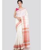 PinkLoom Women's white hand woven cotton sarees With Blouse