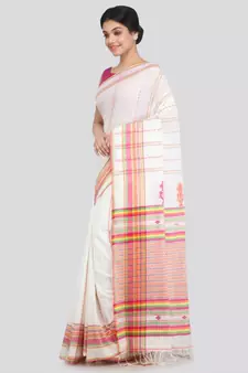 PinkLoom Women's white hand woven cotton sarees With Blouse