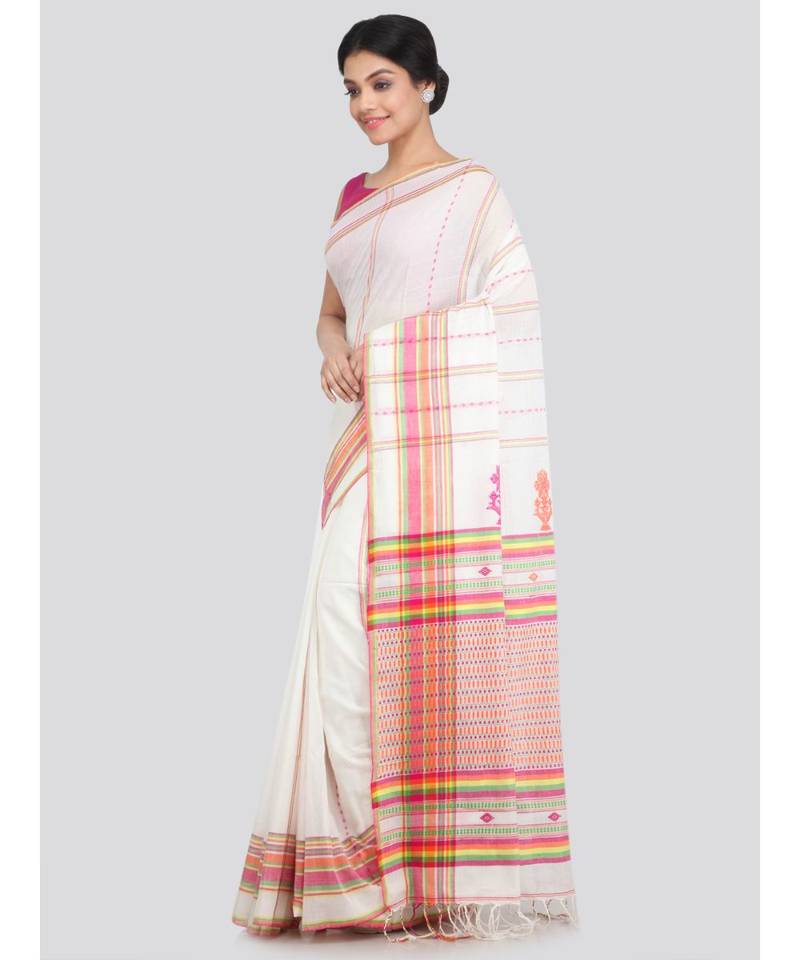 PinkLoom Women's white hand woven cotton sarees With Blouse