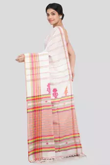 PinkLoom Women's white hand woven cotton sarees With Blouse