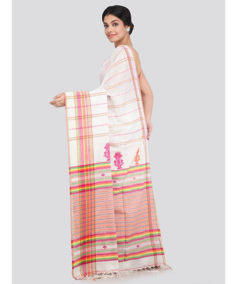 PinkLoom Women's white hand woven cotton sarees With Blouse